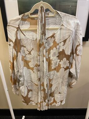AB Lambdin. 10. Women's Floral Tie-Neck Blouse in Beige and White